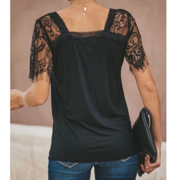Black Lace Short Sleeve V-Neck Tee - Picture 3 of 8